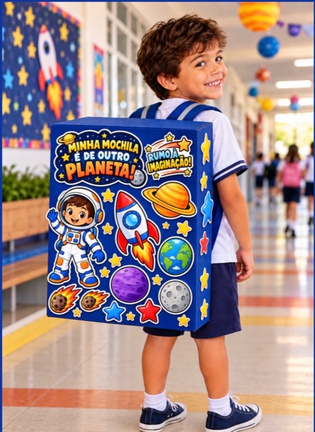 Mochila Maluca Astronauta com Elementos Espaciais Imprimir e Recortar — capa do material