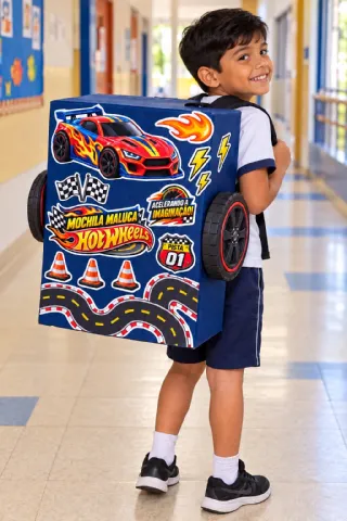 : Mochila Maluca Hot Wheels em PDF | Carrinho e Elementos — amostra 1: Transforme uma caixa em uma mochila de corrida cheia…