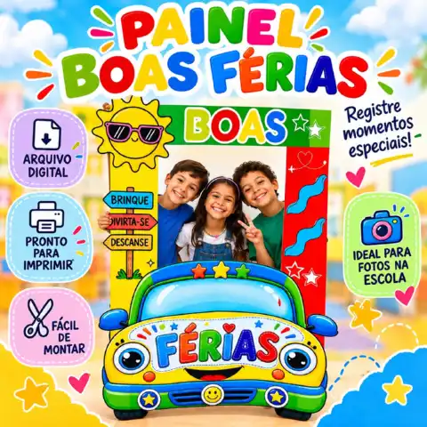 Moldura Boas Férias Tema Carrinho – Painel para Fotos Escolares — capa do material