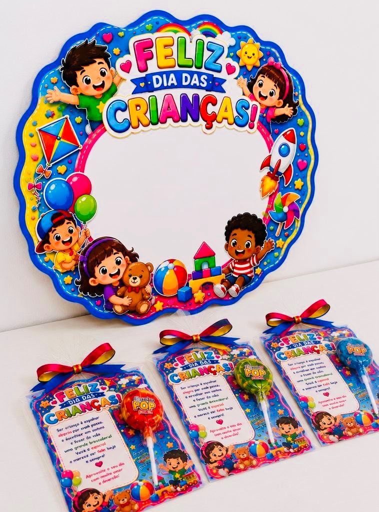 Moldura Dia das Crianças com Lembrancinha — amostra 1: Kit digital para o Dia das Crianças com moldura colorida para fotos…