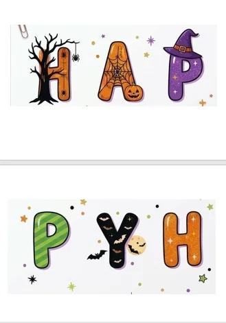 Decoração de bambolê para fotos de Halloween — amostra 3: O arquivo inclui a escrita decorada: HAPPY HALLOWEEN e 6 figuras…