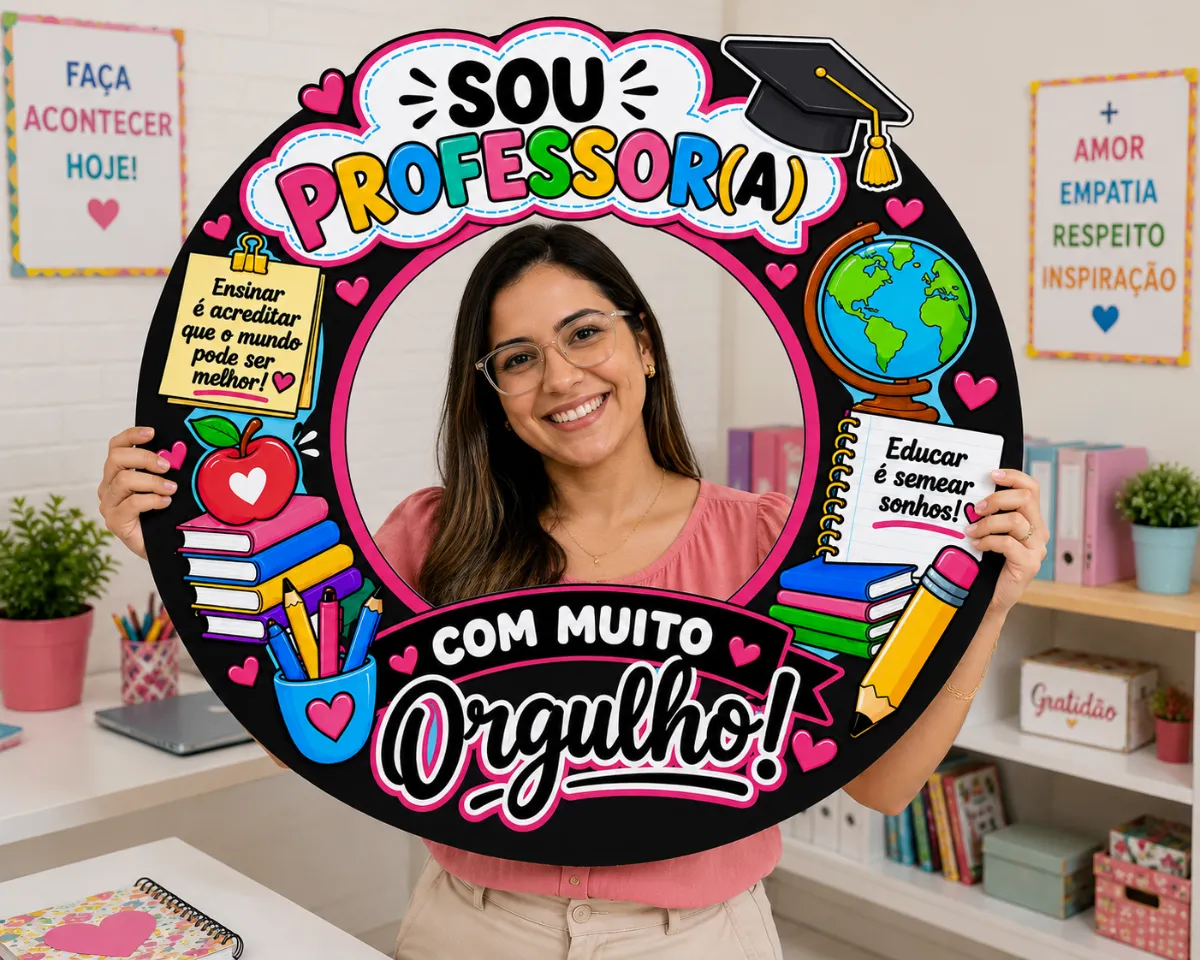 Moldura “Sou Professora, Com muito orgulho Em PDF!” — amostra 3: ✔ Dia dos Professores ✔ Escolas ✔ Salas de aula ✔ Eventos…