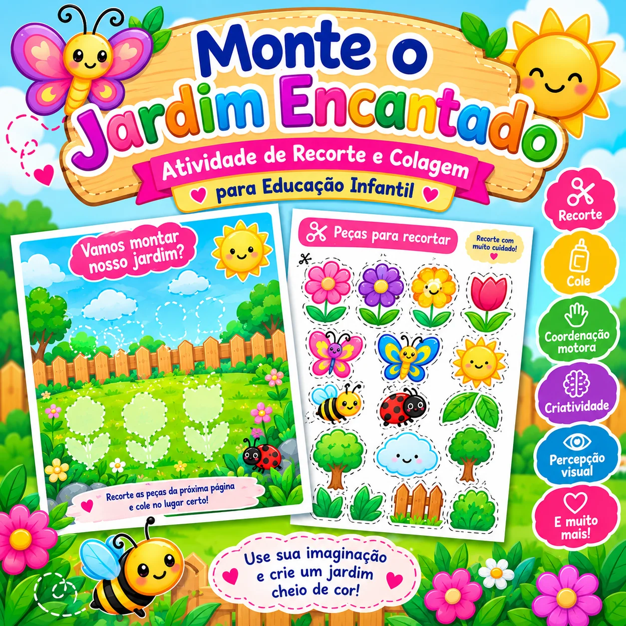 Monte o Jardim Encantado – Atividade de Recorte e Colagem Infantil — Alfabetização para Educação Infantil: Atividade lúdica…