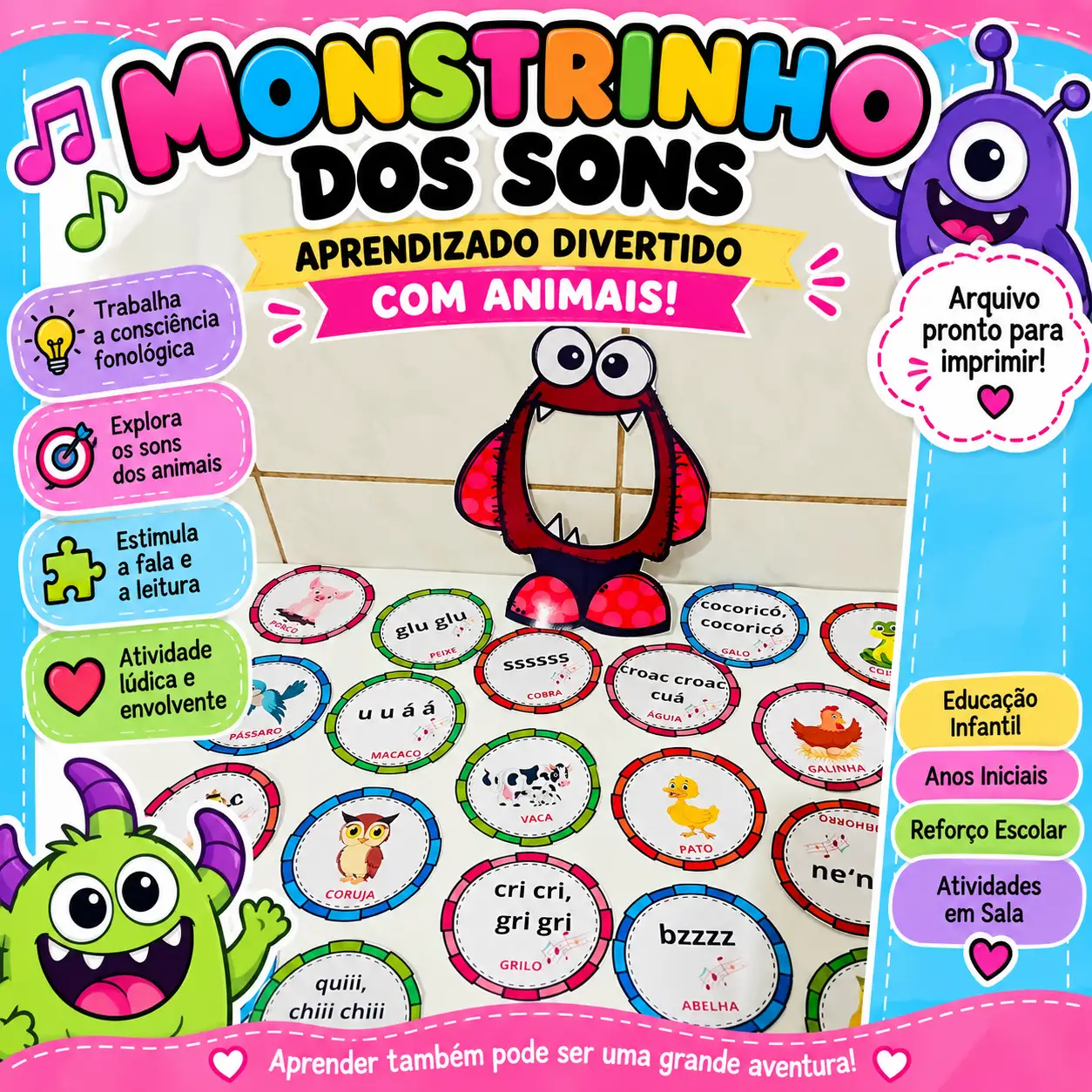 Mosntrinho Dos Sons– Aprendizado Divertido Com Animais — Alfabetização para Educação Infantil: Recurso lúdico para…
