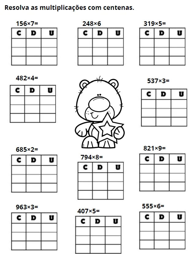 Multiplicação com Centenas – 20 Páginas — amostra 2: Atividades de multiplicação com centenas para imprimir, com contas…