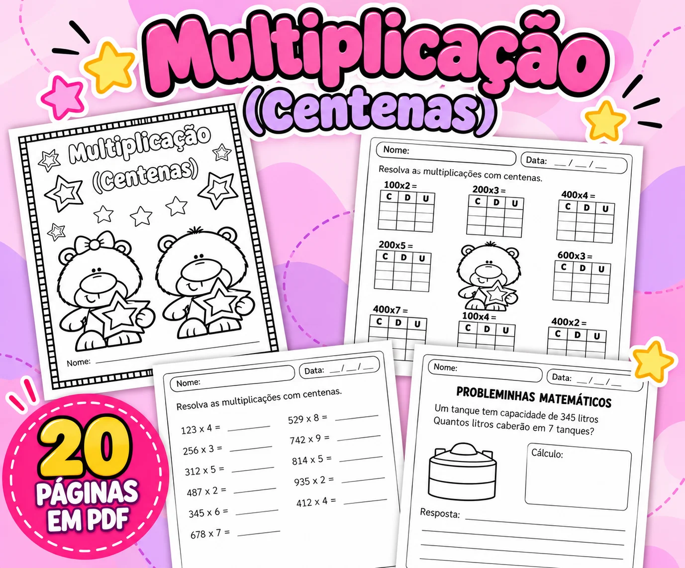 Multiplicação com Centenas – 20 Páginas — Matemática para 3º ano: Atividades de multiplicação com centenas para imprimir,…