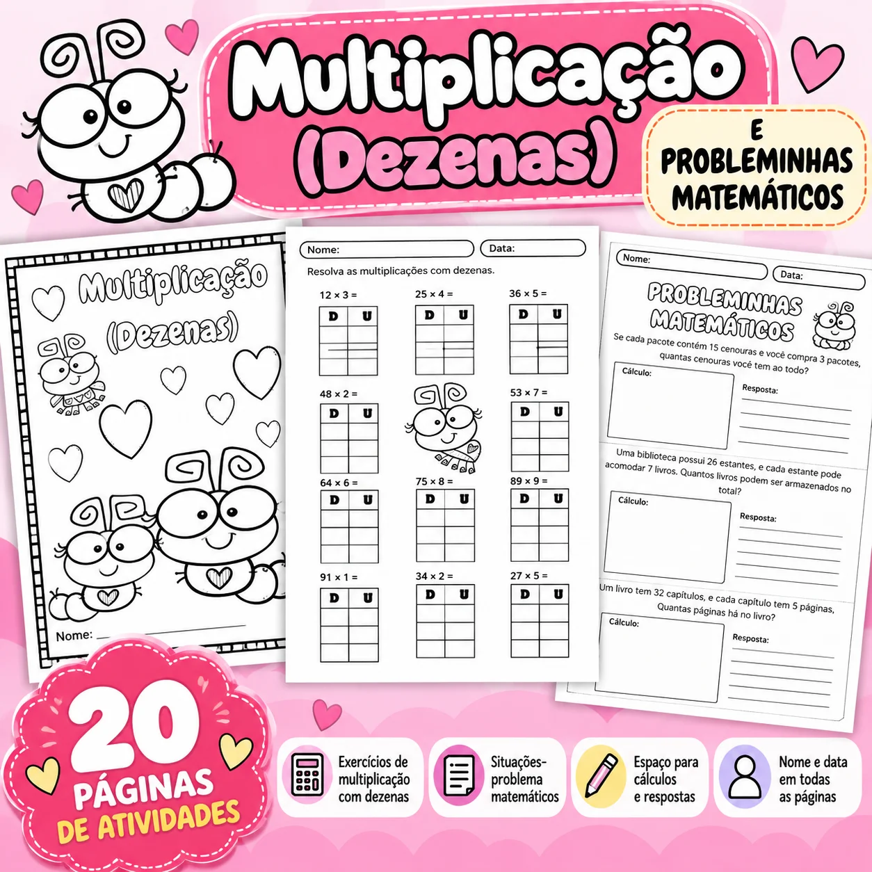 Multiplicação com Dezenas e Problemas Matemáticos — amostra 1: 20 páginas de atividades de multiplicação com dezenas e…