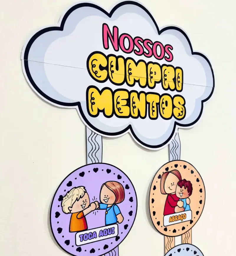Mural de cumprimentos: Nossos Cumprimentos para imprimir — amostra 1: Mural de cumprimentos para a rotina escolar