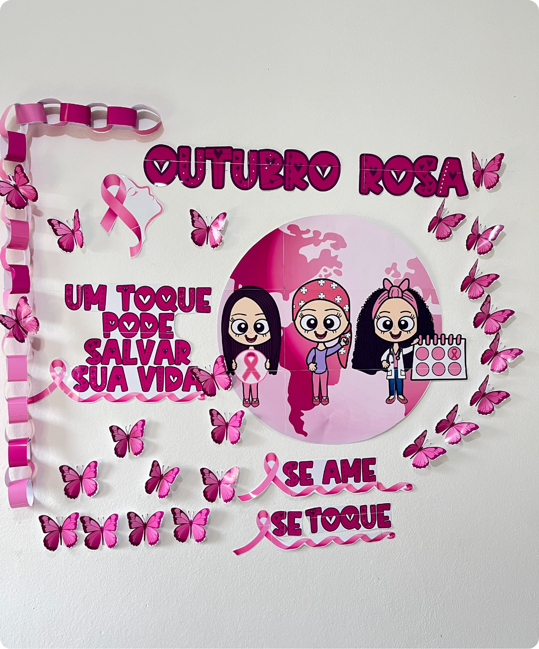 Mural de Outubro Rosa para imprimir — amostra 5: Prepare um espaço de conversa sobre saúde da mulher com este mural em PDF