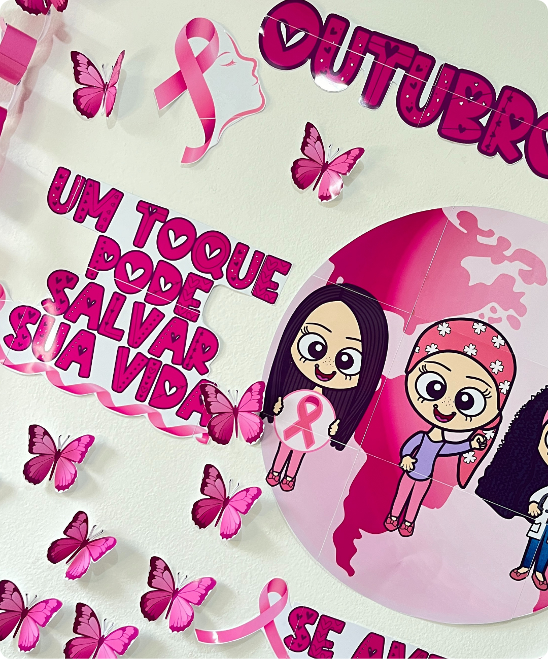 Mural de Outubro Rosa para imprimir — amostra 6: Prepare um espaço de conversa sobre saúde da mulher com este mural em PDF
