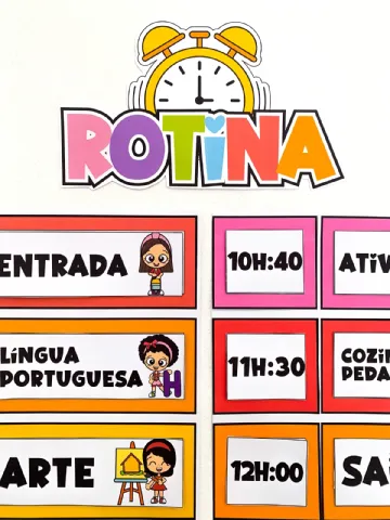 Mural Rotinas Organizadas para o Ensino Fundamental 1 — amostra 1: Com horários claros e atividades comuns em instituições…