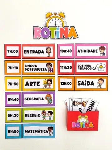 Mural Rotinas Organizadas para o Ensino Fundamental 1 — amostra 4: Com horários claros e atividades comuns em instituições…