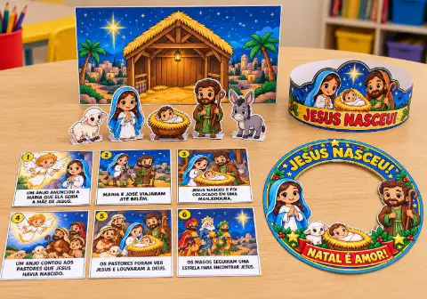 Natal Cristão - Recurso Pedagógico (Kit) — amostra 2: 🎄 O MUNDO PODE TENTAR DISTRAIR, MAS NÓS VAMOS LEMBRAR: JESUS NASCEU