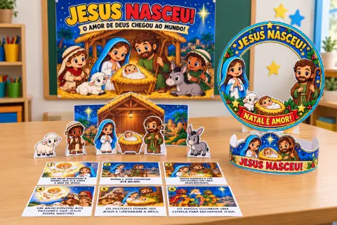 Natal Cristão - Recurso Pedagógico (Kit) — amostra 3: 🎄 O MUNDO PODE TENTAR DISTRAIR, MAS NÓS VAMOS LEMBRAR: JESUS NASCEU