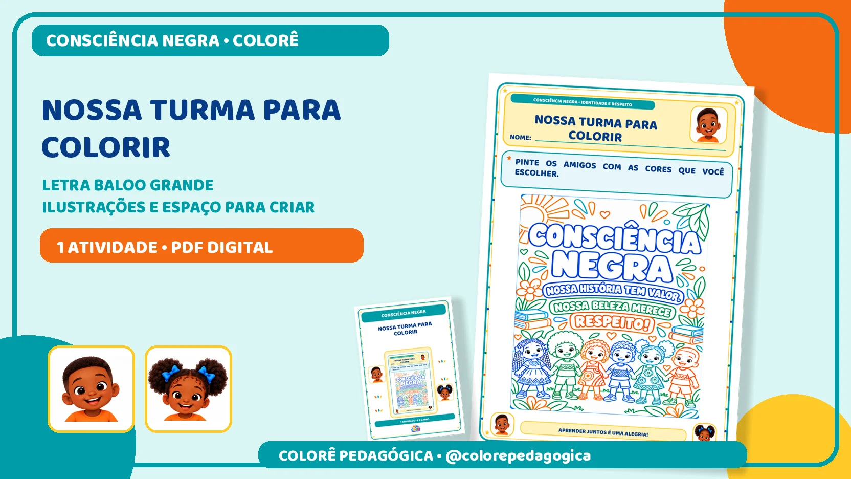 Nossa turma para colorir | Consciência Negra — Datas comemorativas para Educação Infantil: Ilustração com seis personagens…