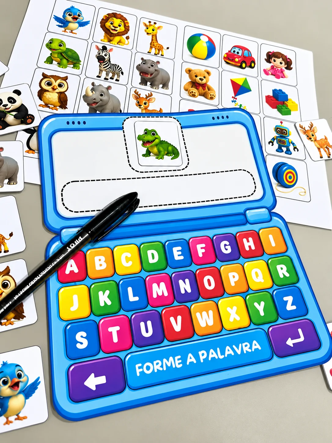 Notebook das Palavras: Alfabetização com Teclado Alfabético — amostra 1: Prancha em formato de notebook com teclado…