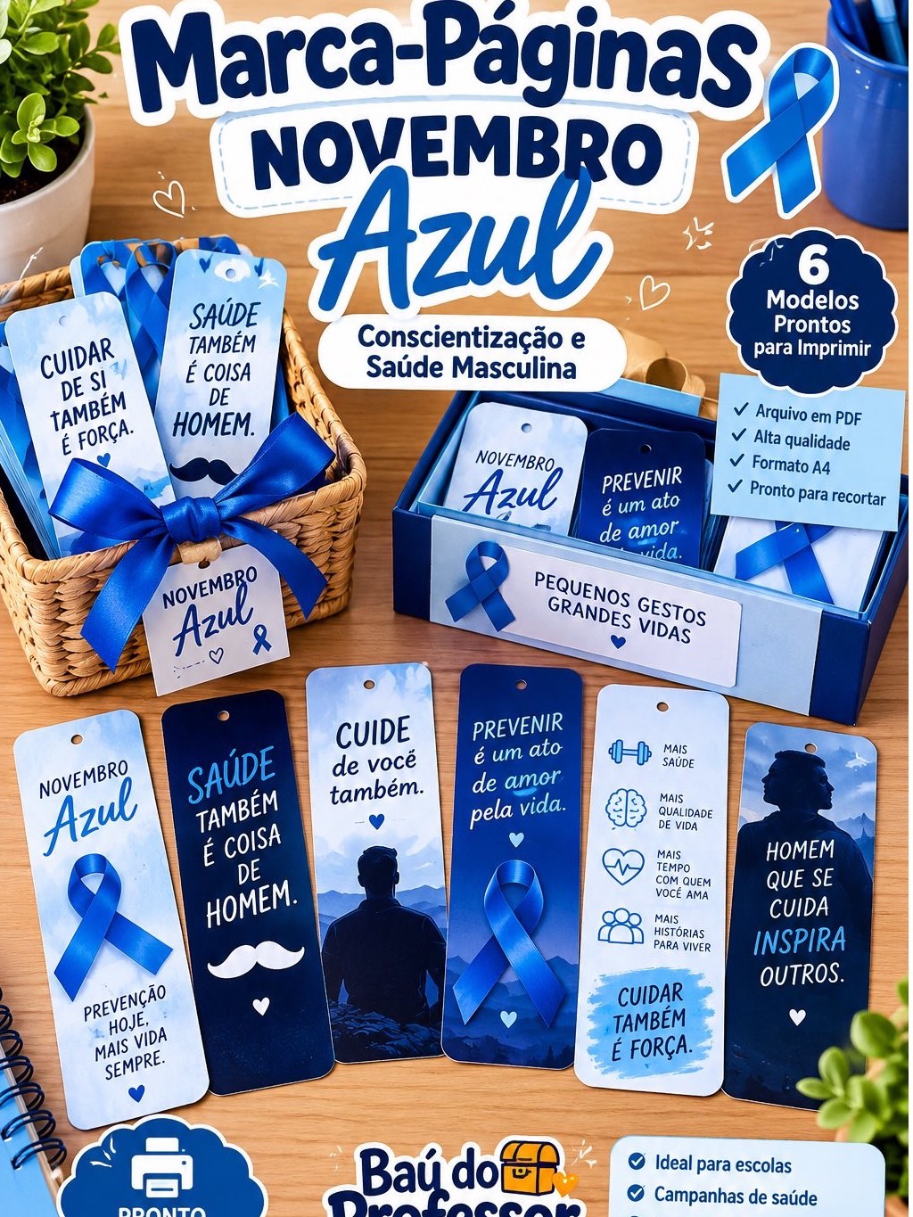 Novembro Azul: Kit 6 Marca-Páginas para Imprimir em PDF — capa do material