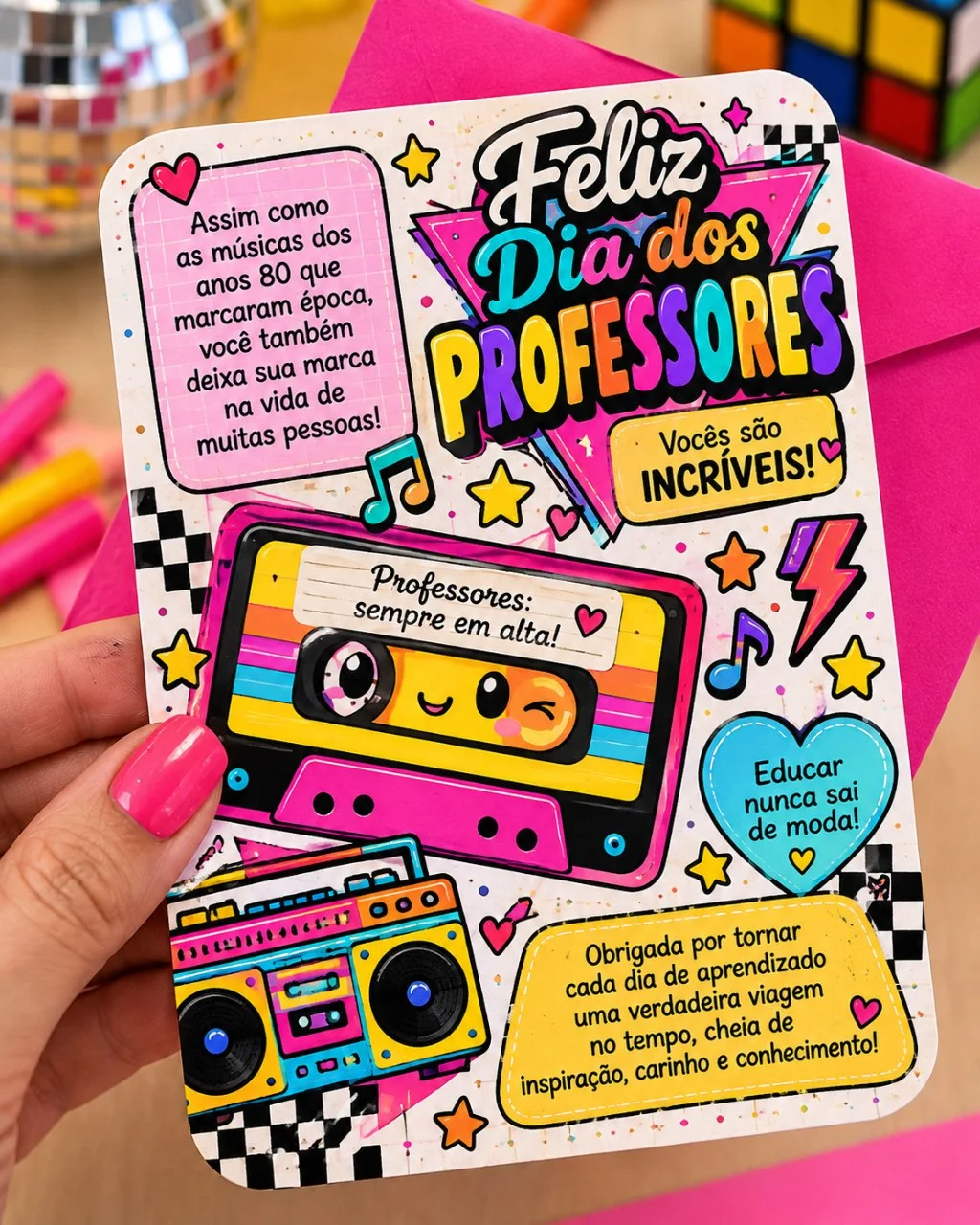 NOVIDADE! CARTÃO DIA DOS PROFESSORES — TEMA ANOS 80! — Datas comemorativas para Todas as séries: ✨ Prepare uma homenagem…