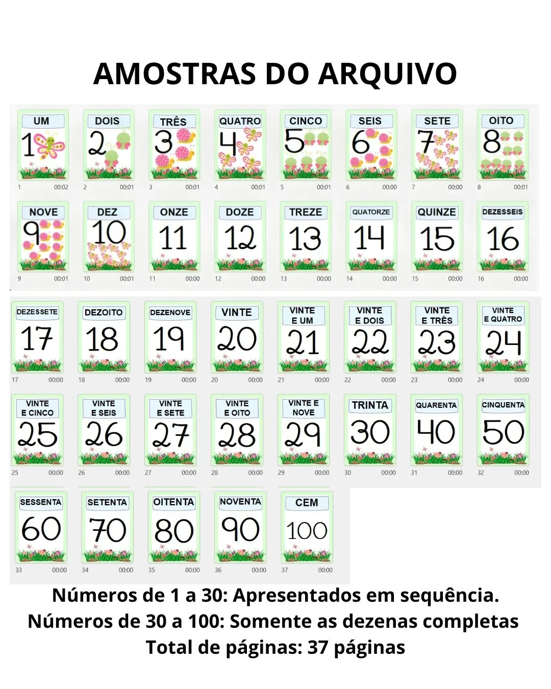 Números Bichinhos de Jardim até 100 – Material Pedagógico — amostra 1: Números de 30 a 100 : Somente as dezenas completas…