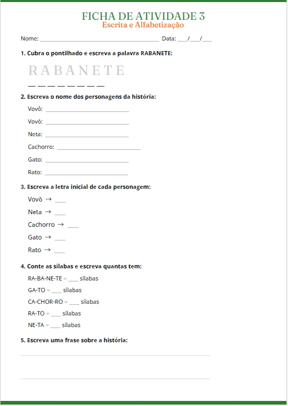 O GRANDE RABANETE – UMA HISTÓRIA, MUITAS DESCOBERTAS - ALFABETIZAÇÃO — amostra 5: Transforme a divertida história O Grande…