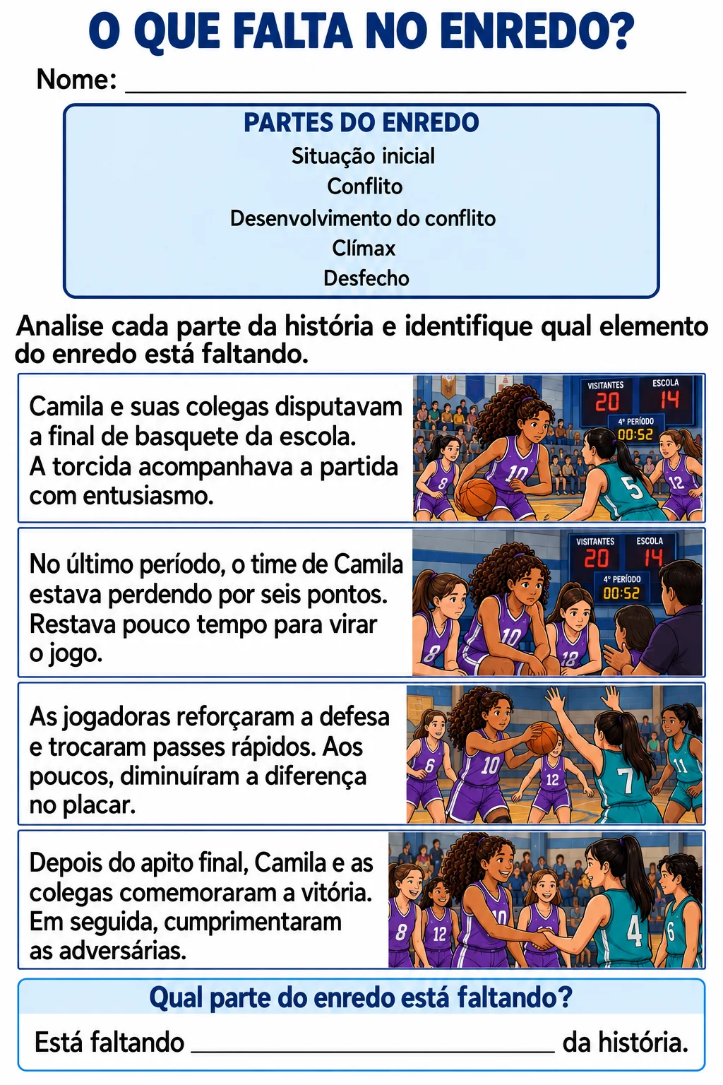 O QUE FALTA NO ENREDO? ATIVIDADE PARA 6° ANO - ELEMENTOS DE ENREDO — amostra 2: Habilidades trabalhadas