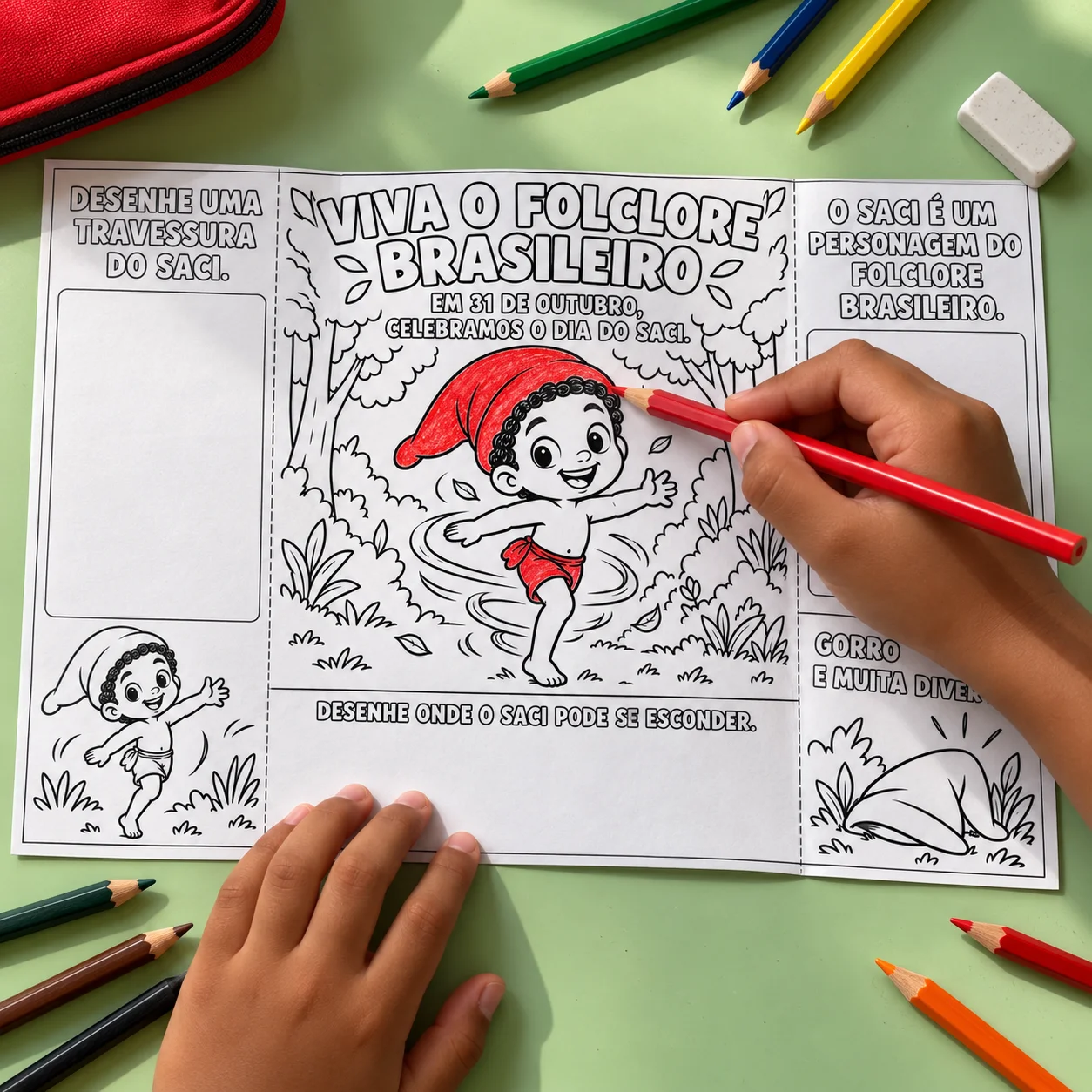🌿❤️ O SACI VAI APRONTAR UMA AVENTURA NA SUA TURMA! em PDF — amostra 1: Celebre o Dia do Saci com um flipbook cheio de cor,…