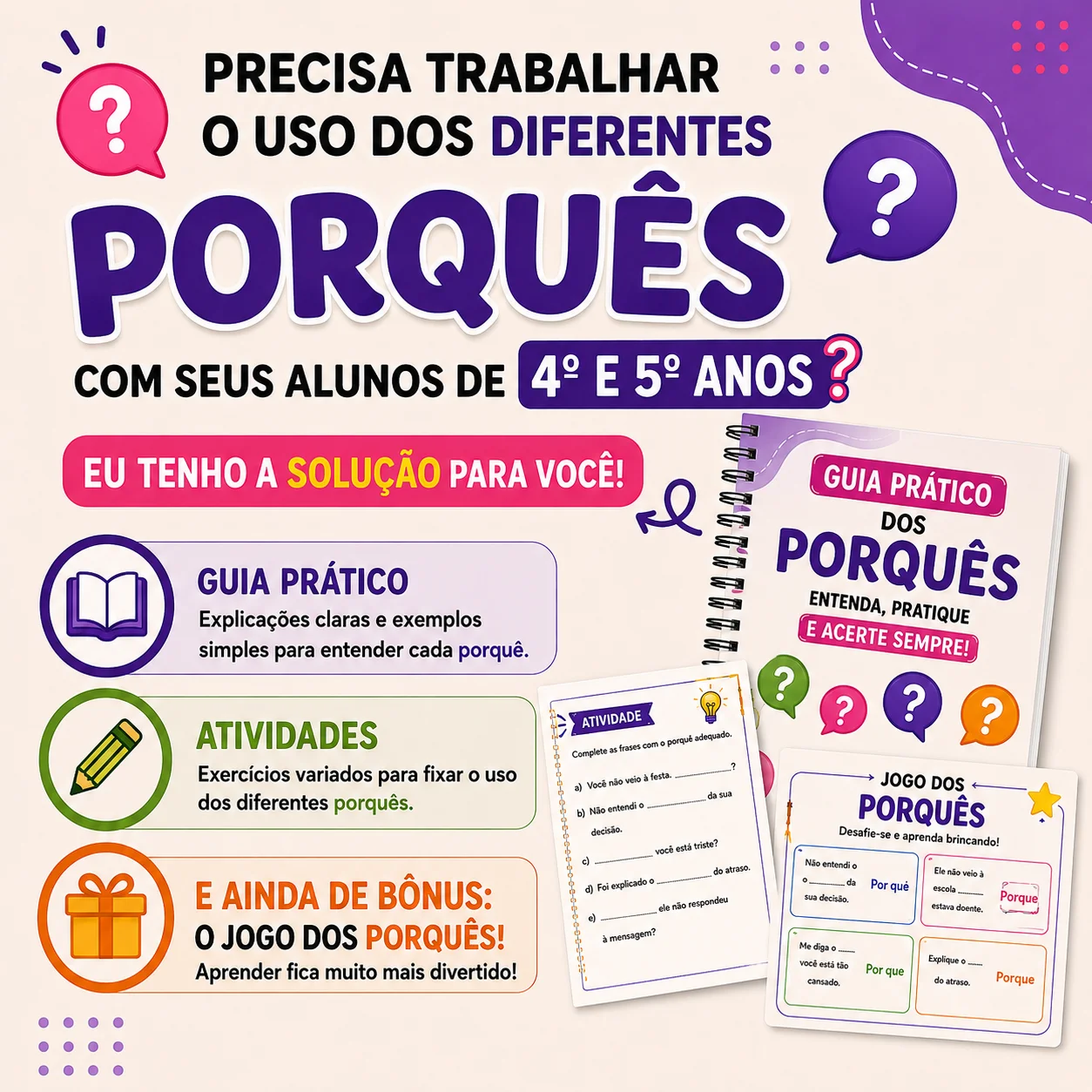 O Uso dos Diferentes Porquês em Atividades para 4º e 5º anos. — amostra 2: Material completo e prático para trabalhar o uso…