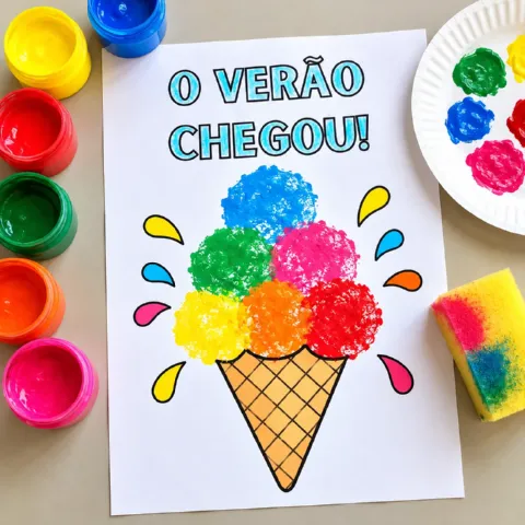 O Verão Chegou! – Atividade de Pintura com Esponja para Imprimir — amostra 2: Atividade de verão com sorvete para pintura…