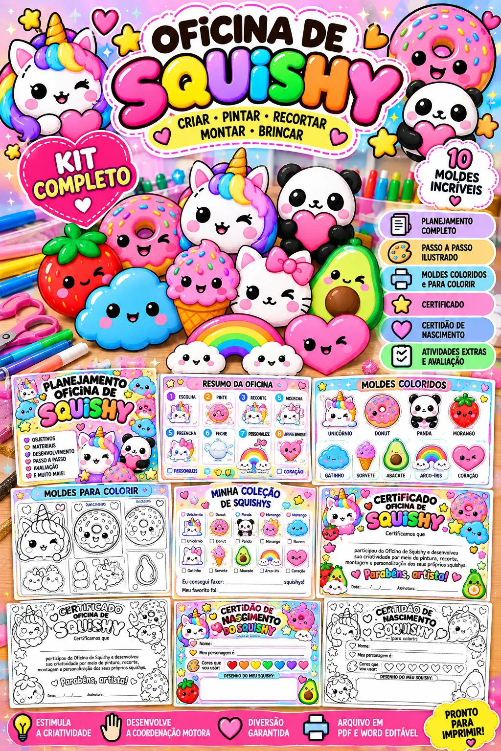 OFICINA DE SQUISHY .CRIE • PINTE • RECORTE • MONTE • BRINQUE! 🩷 ( — amostra 1: 🎨 Oficina de Squishy Kit Completo Material…