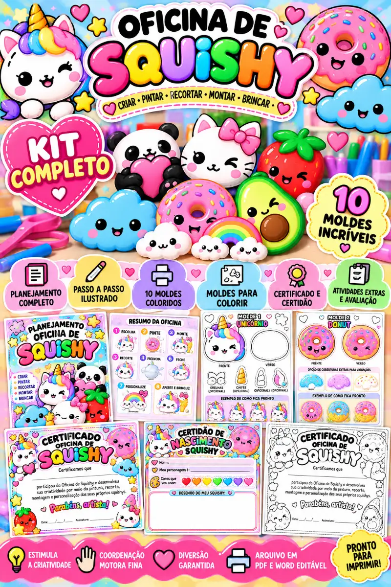 Oficina para dia das Crianças com planejamento — amostra 6: Kit completo da Oficina de Squishy, com planejamento, passo a…