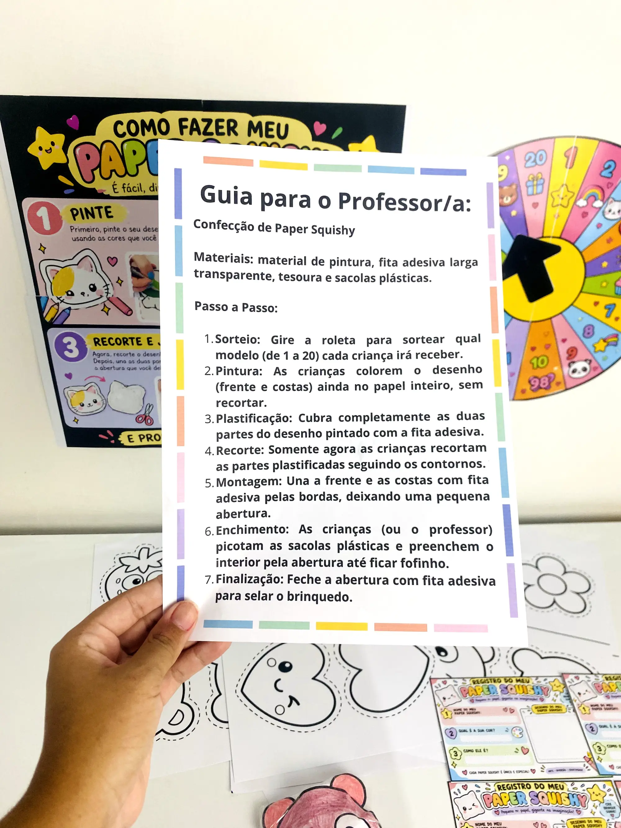 Oficina Squishy – Atividade Criativa para Imprimir — amostra 2: Oficina de Squishy com painel, roleta, 20 desenhos, guia e…