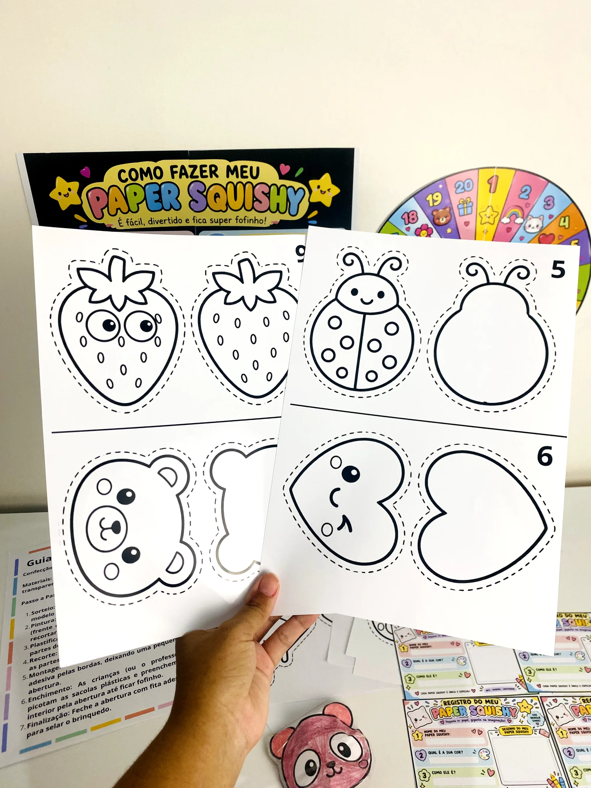 Oficina Squishy – Atividade Criativa para Imprimir — amostra 3: Oficina de Squishy com painel, roleta, 20 desenhos, guia e…