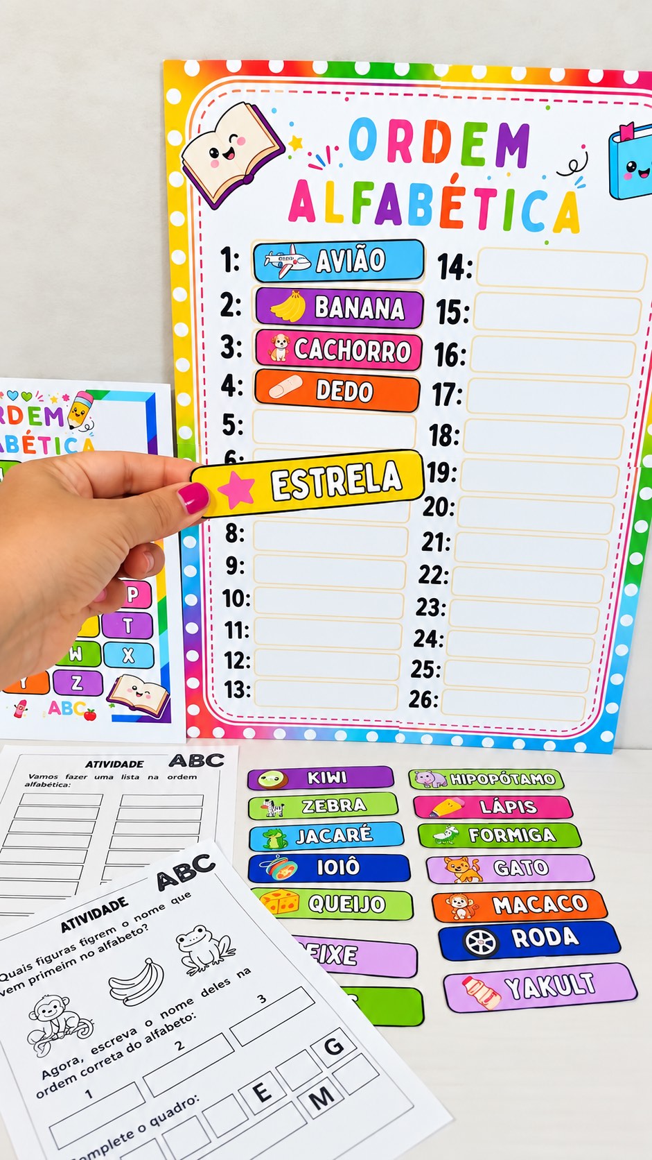 Ordem Alfabética: Atividade com Alfabeto em PDF — amostra 4: Ensine ordem alfabética com cartaz, 26 fichas de palavras e…