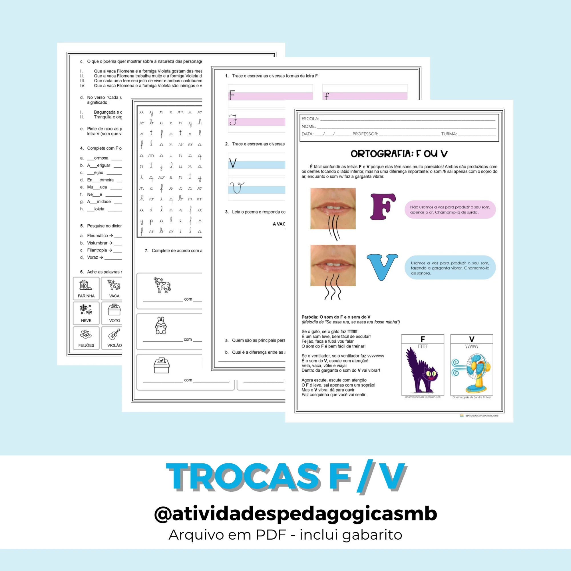 Ortografia F ou V – Atividade 4º e 5º Ano (PDF) — Português para 5º ano: Atividade de ortografia F ou V com paródia, poema,…