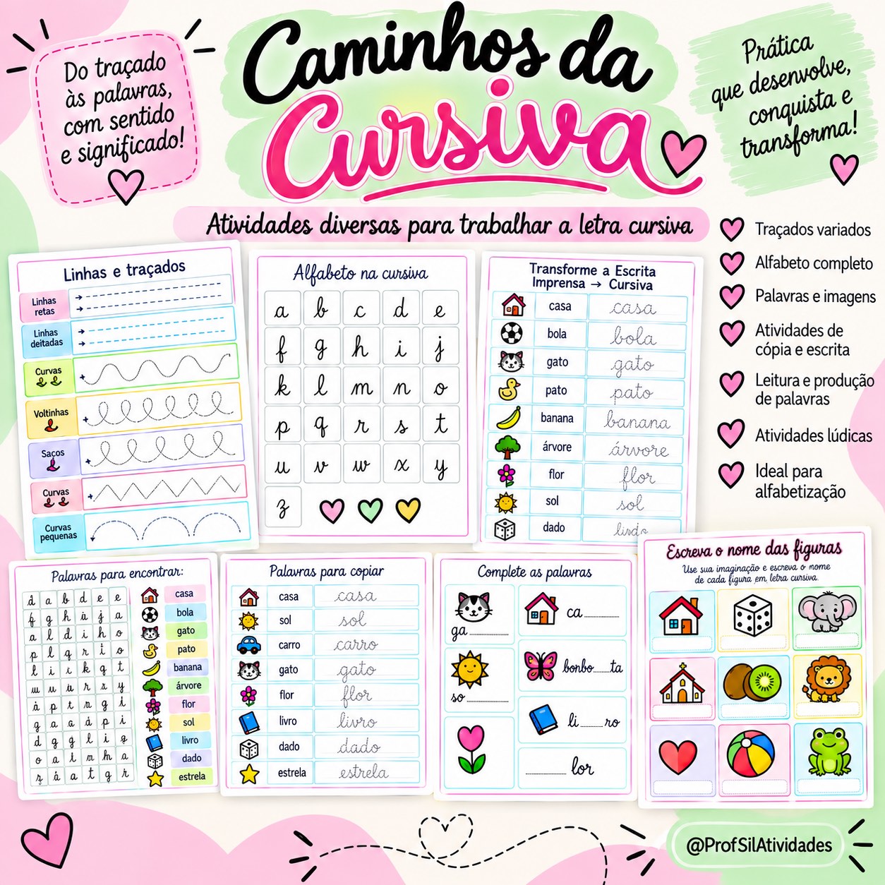 Os Caminhos da Cursiva para Alfabetização — amostra 5: O material propõe a aprendizagem gradual da letra cursiva com…