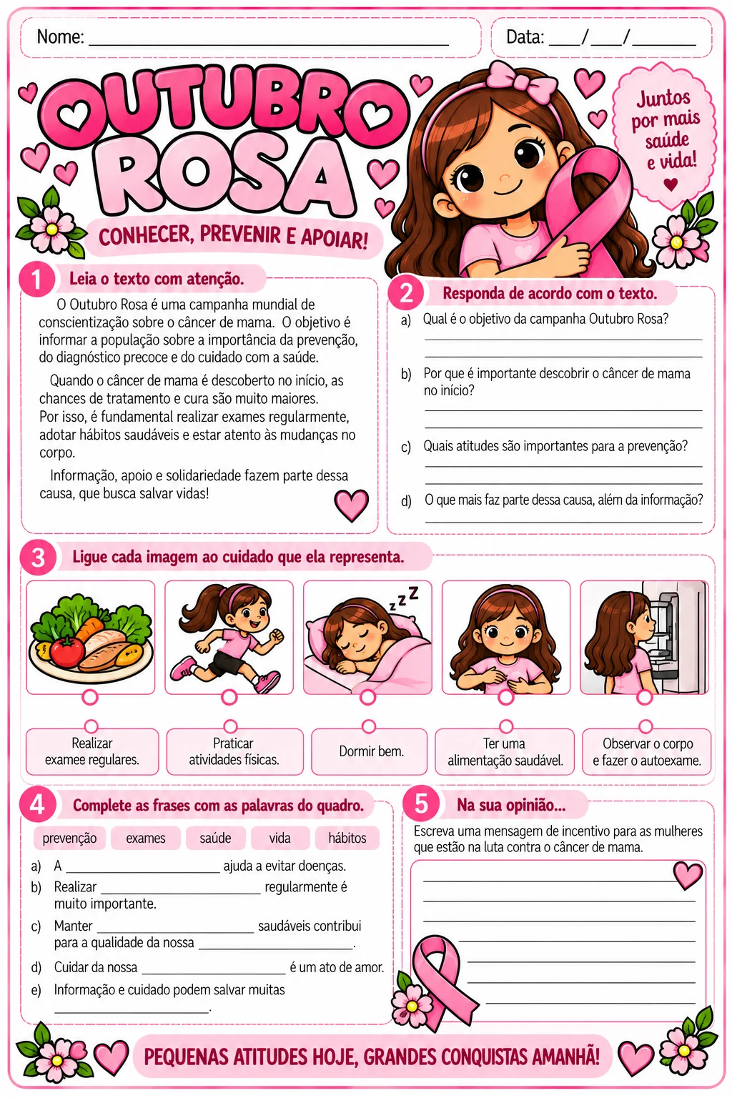 Outubro Rosa – 12 Atividades para 4º e 5º Ano — amostra 6: Kit com 12 atividades de Outubro Rosa para 4º e 5º ano, com…