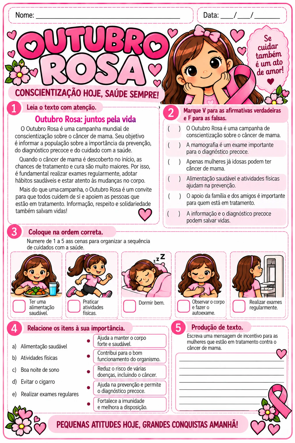 Outubro Rosa – 12 Atividades para 4º e 5º Ano — amostra 7: Kit com 12 atividades de Outubro Rosa para 4º e 5º ano, com…