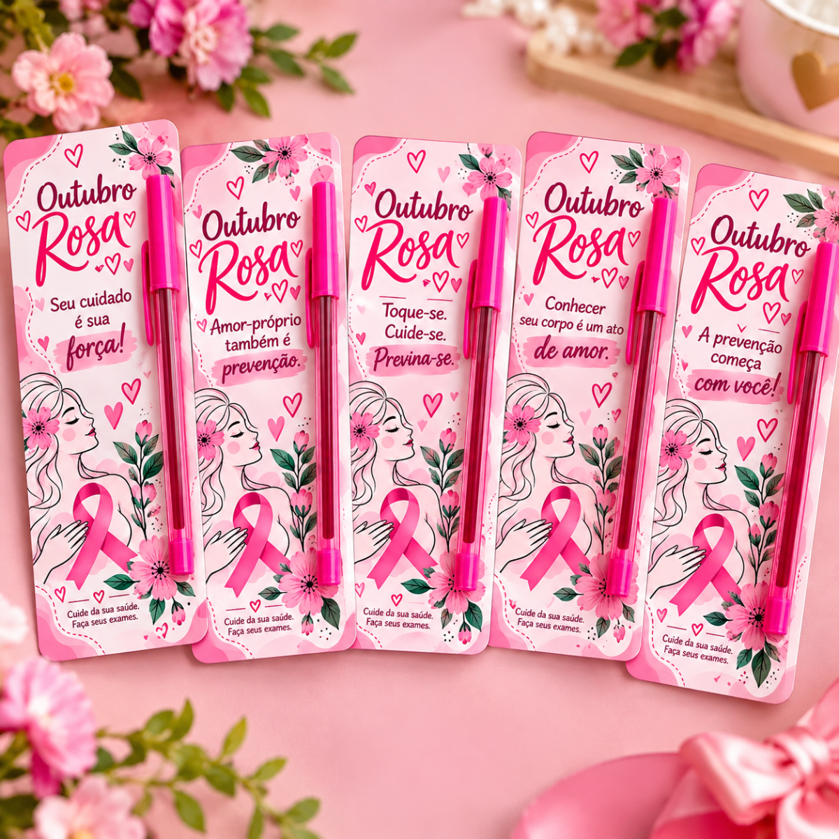 Outubro Rosa 5 Tags para Caneta com Frases de Prevenção ao Câncer de Mama — amostra 1: Transforme uma simples caneta em uma…