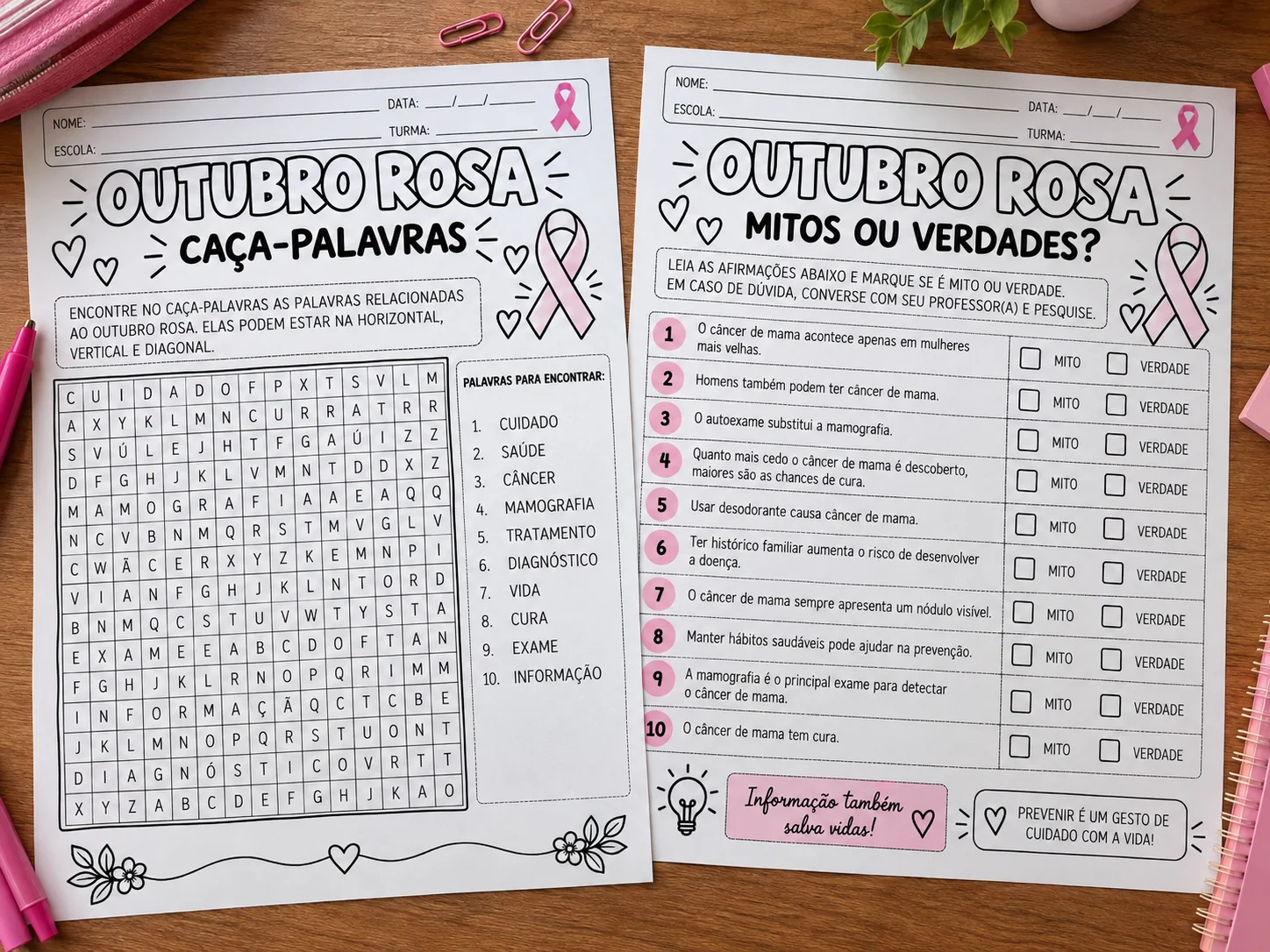 Outubro Rosa + Atividades para Imprimir | 10 opções educativas — amostra 2: O material inclui: