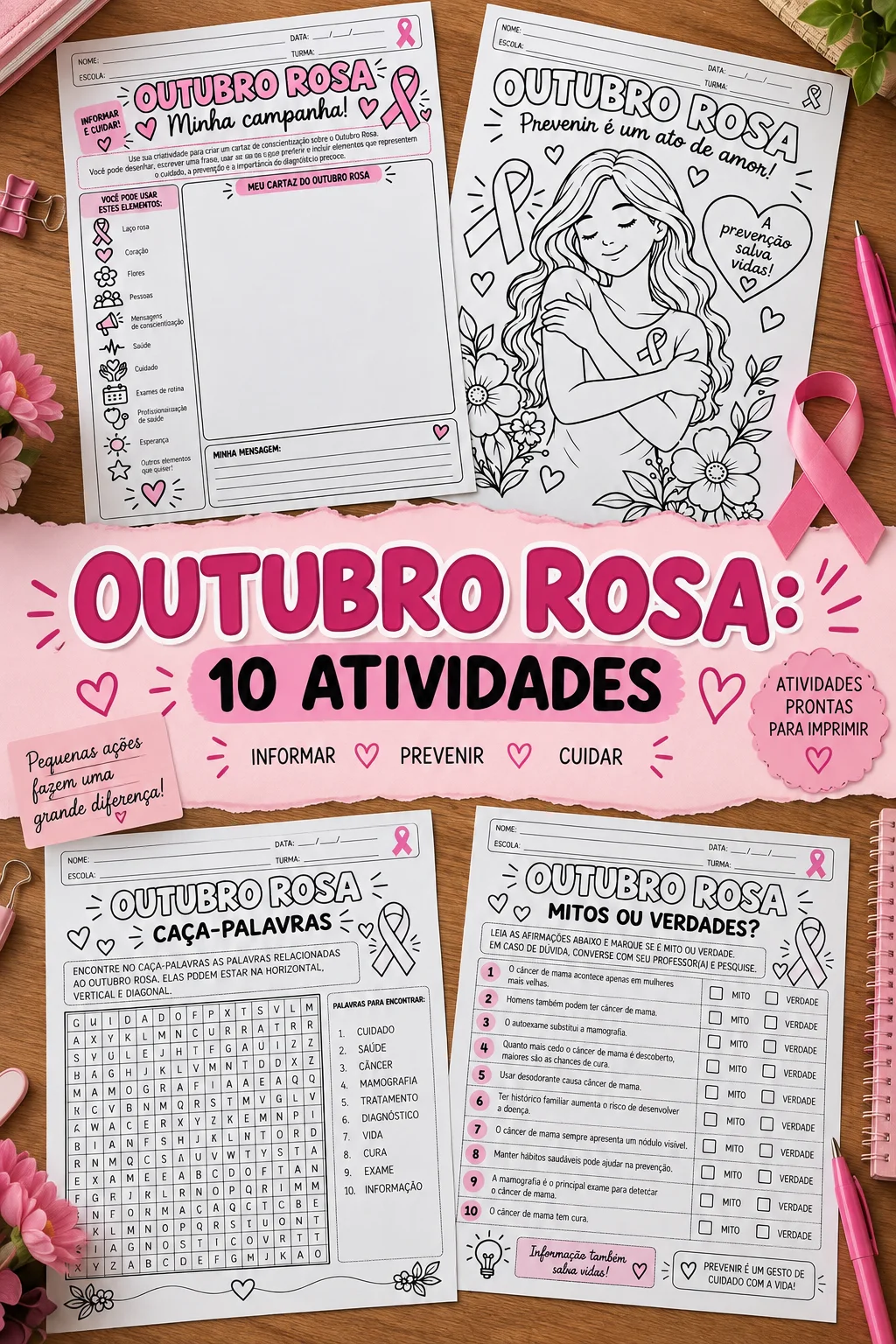 Outubro Rosa + Atividades para Imprimir | 10 opções educativas — capa do material