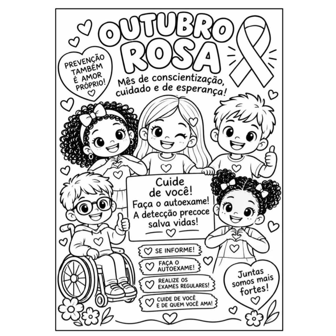 Outubro Rosa com Arte e Afeto Desenhos sobre a Prevenção para Colorir — amostra 1: O Outubro Rosa é o mês oficial de…