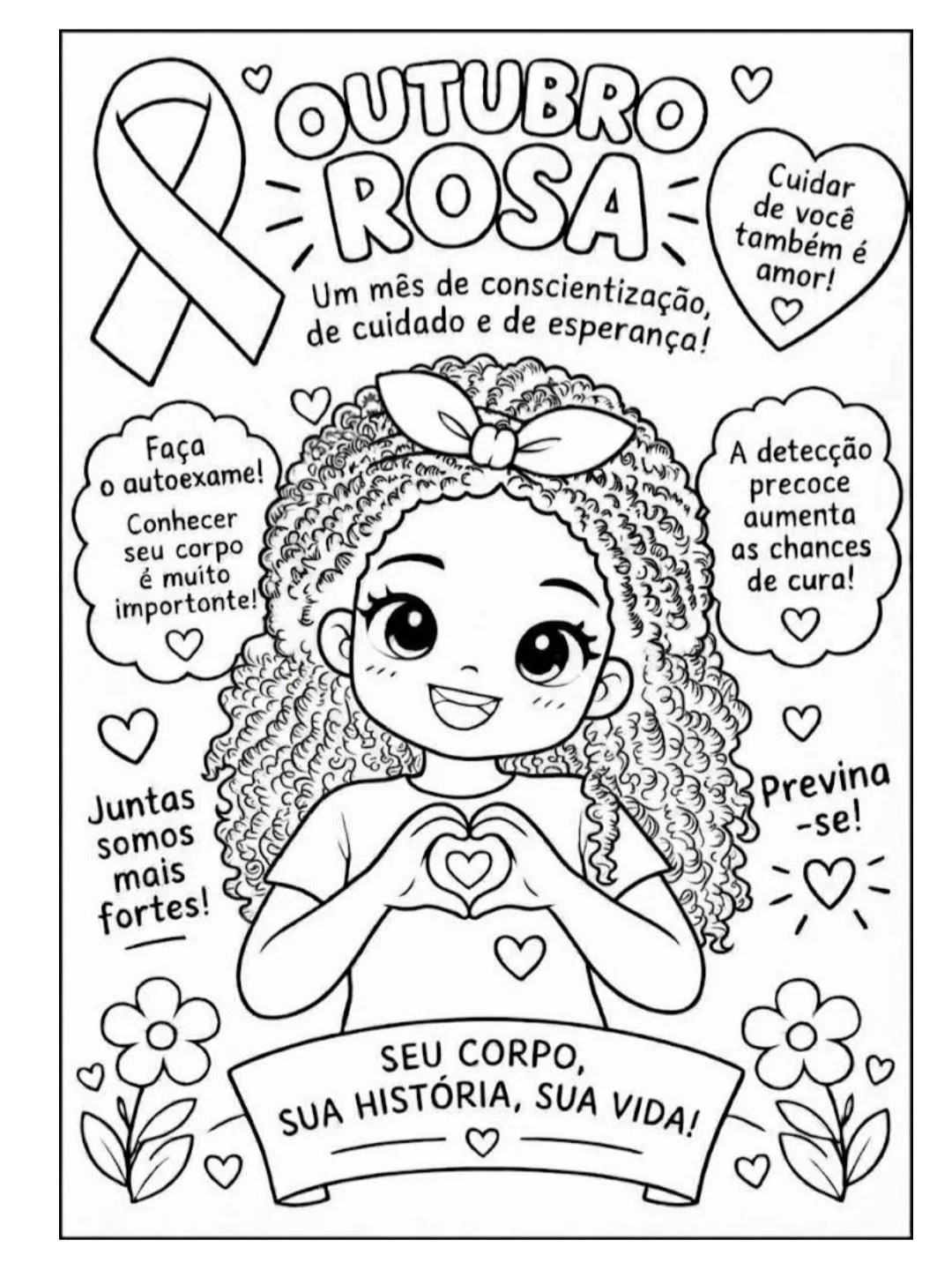 Outubro Rosa com Arte e Afeto Desenhos sobre a Prevenção para Colorir — amostra 7: O Outubro Rosa é o mês oficial de…