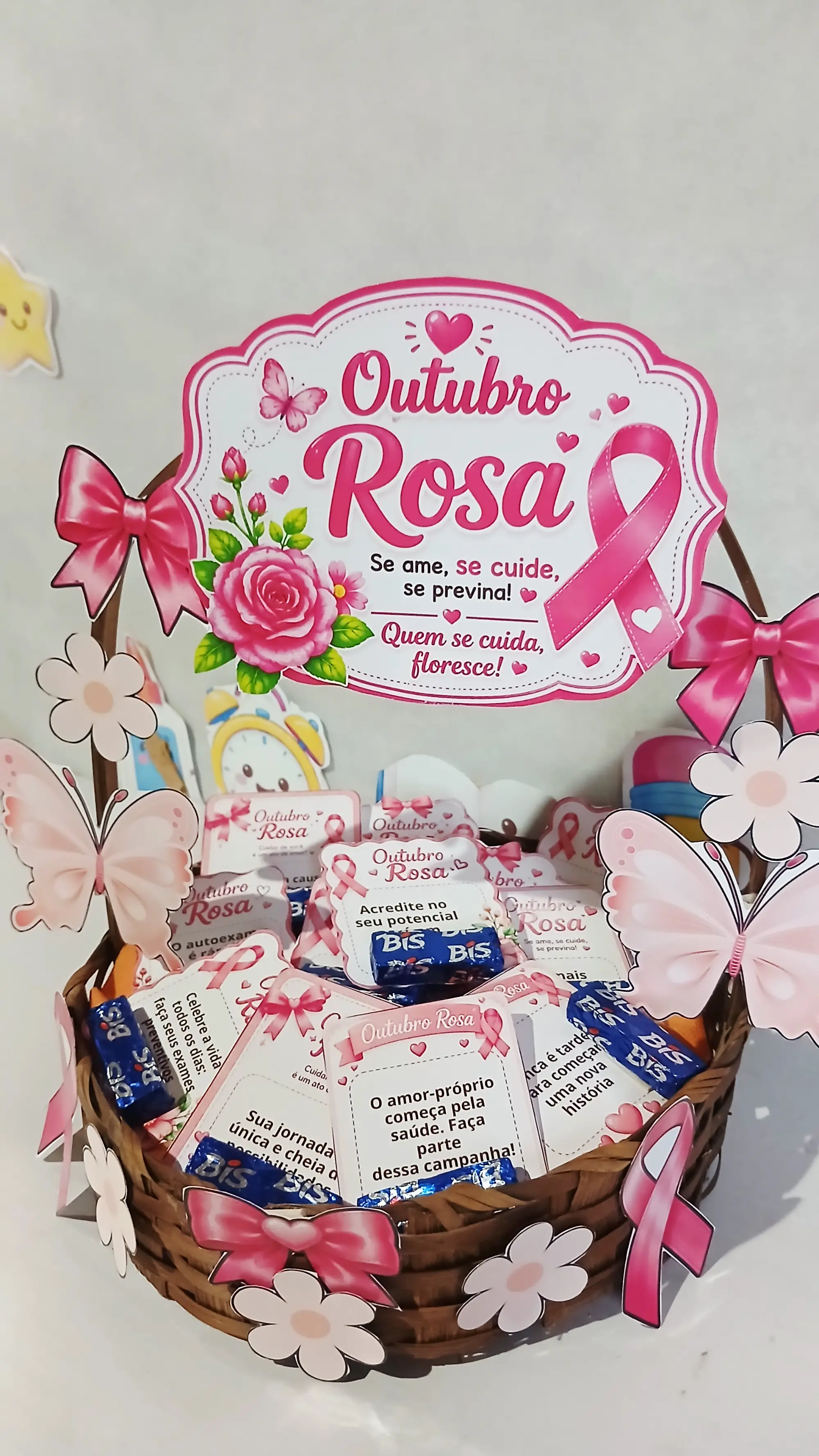 Outubro Rosa – Mimo com Chocolate para Imprimir — amostra 3: Mimo Outubro Rosa com cartões de mensagens e espaço para…