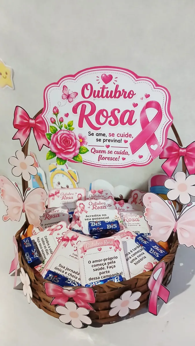 Outubro Rosa – Mimo com Chocolate para Imprimir — amostra 2: Mimo Outubro Rosa com cartões de mensagens e espaço para…