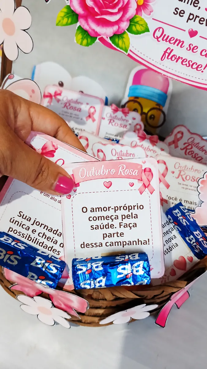 Outubro Rosa – Mimo com Chocolate para Imprimir — amostra 3: Mimo Outubro Rosa com cartões de mensagens e espaço para…