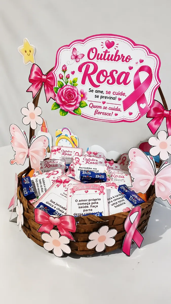 Outubro Rosa – Mimo com Chocolate para Imprimir — amostra 6: Mimo Outubro Rosa com cartões de mensagens e espaço para…
