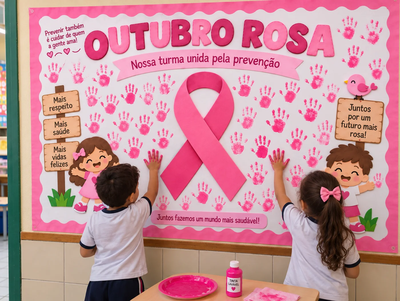 Outubro Rosa na Escola | Painel com Mãozinhas — Datas comemorativas para Educação Infantil: O Painel Outubro Rosa com…