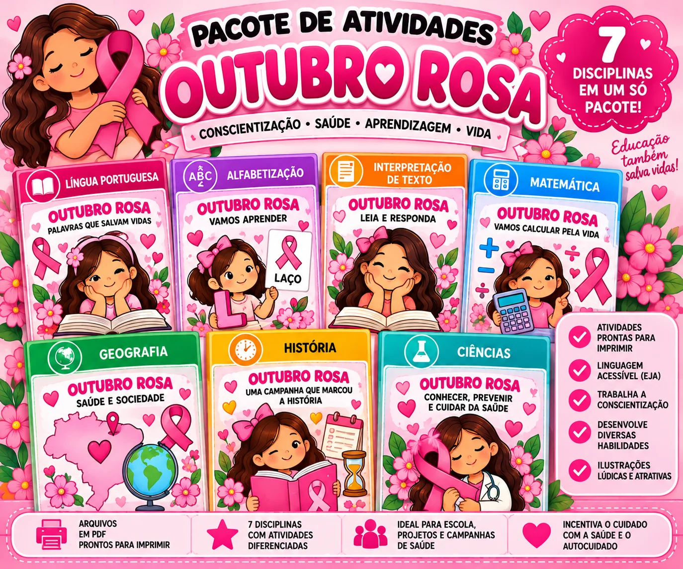 Outubro Rosa Pacote de Atividades PDF Ensino Fundamental Alfabetização — amostra 1: PACOTE DE ATIVIDADES OUTUBRO ROSA – 7…