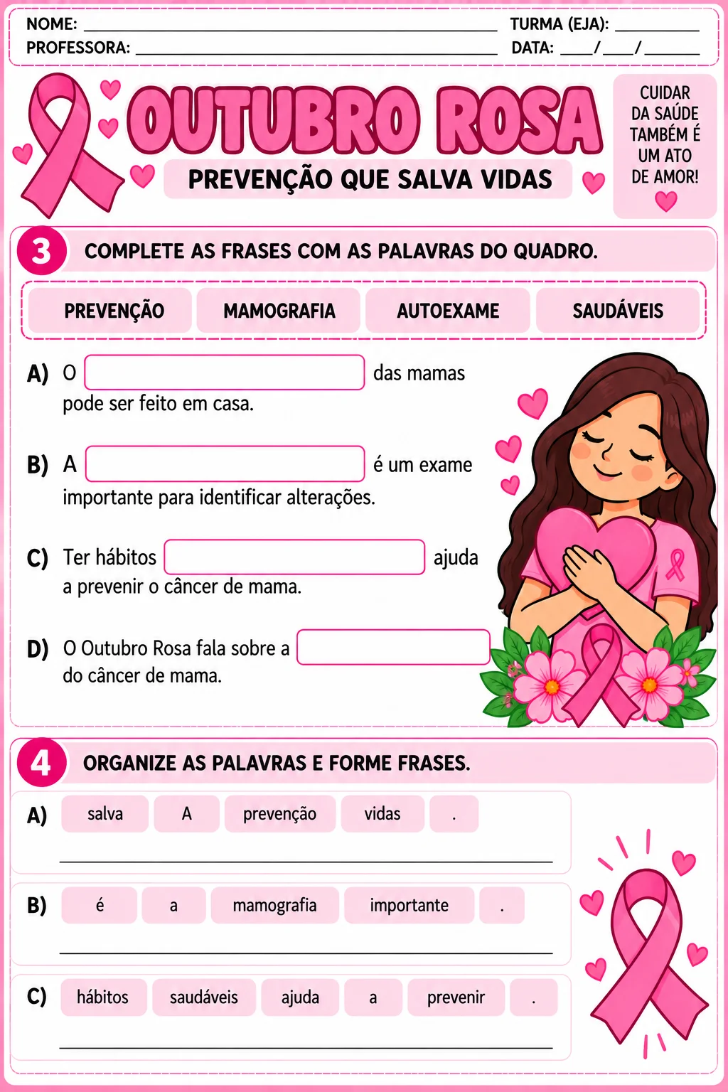 Outubro Rosa Pacote de Atividades PDF Ensino Fundamental Alfabetização — amostra 2: Conscientização, saúde, aprendizagem e…