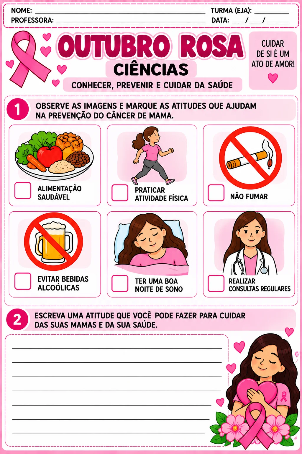 Outubro Rosa Pacote de Atividades PDF Ensino Fundamental Alfabetização — amostra 3: O que você encontra no pacote?